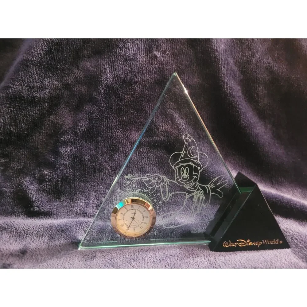 Disney World Mickey Mouse Time Works Glass Pyramid Desk Clock w/ Box Rare